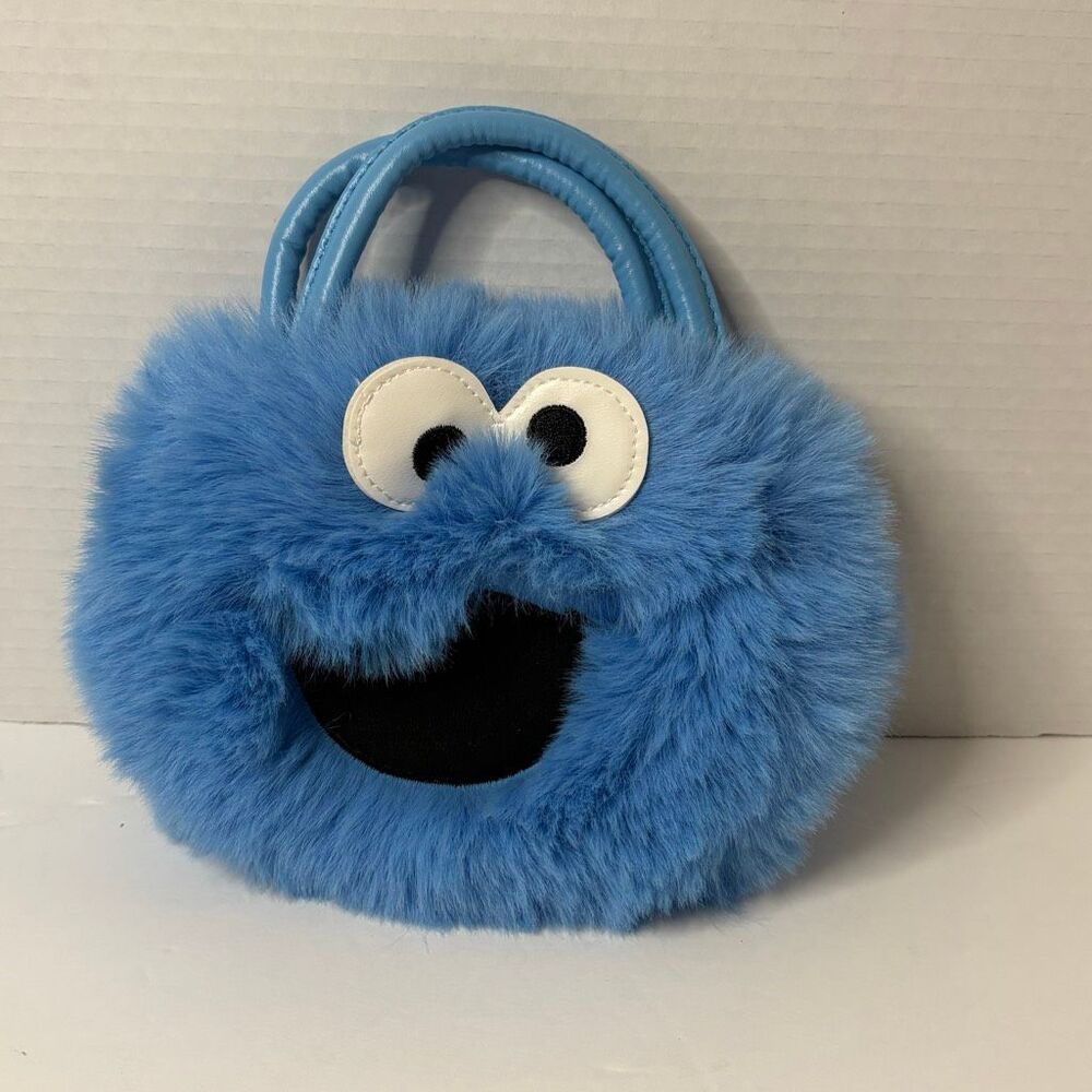 Sesame Street Cookie Monster Fuzzy Furry Small Girls Purse Faux Leather Handle